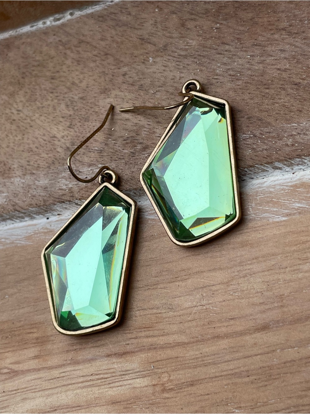 Gold-Trim Green / Aqua Crystal Faceted Glass Drop Earrings - Womens Jewelry - Picture 3 of 6